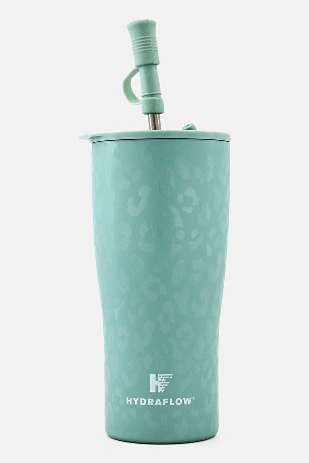 Allover Print Ceramic Tumbler With Straw 590ml, Sage Green