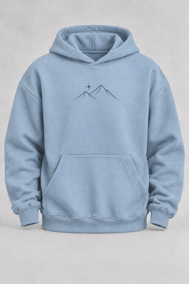 Oversize Minimalist Mountain Print Hooded Baby Blue Sweatshirt