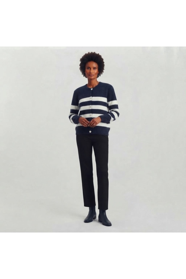 Women's Striped Bearded Soft Textured Knitwear Cardigan Jacket