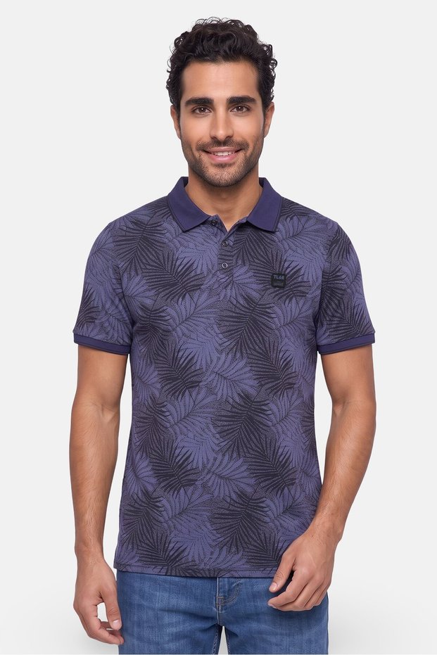 Men Regular Fit Allover Print Short Sleeve Polo Shirt, Navy