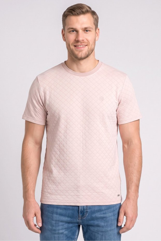 Men Crew Neck Short Sleeve Diamond Pattern T-Shirt, Blush Pink