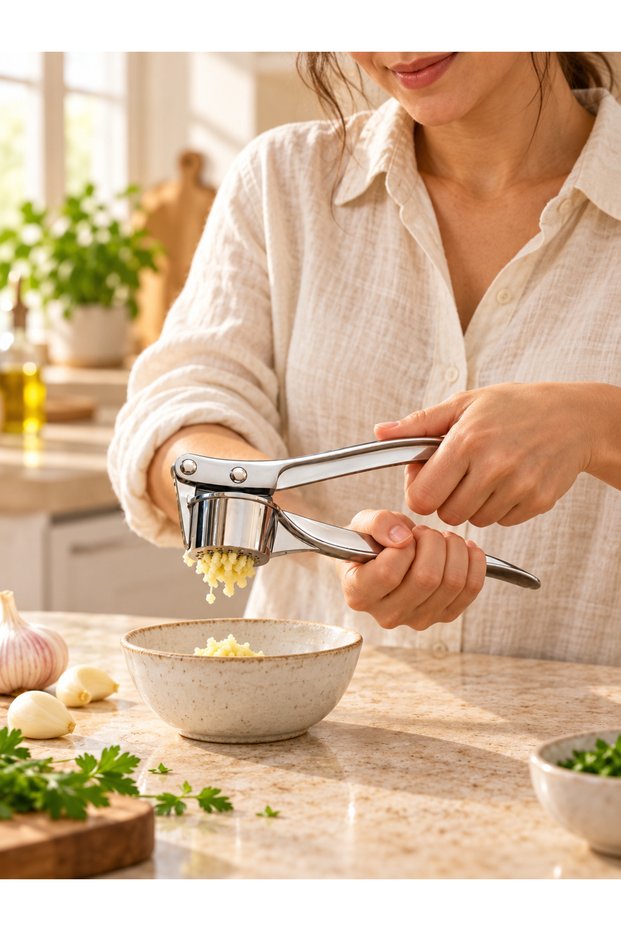 Stainless Steel Garlic Crusher – Manual Garlic Press with Ergonomic Handle