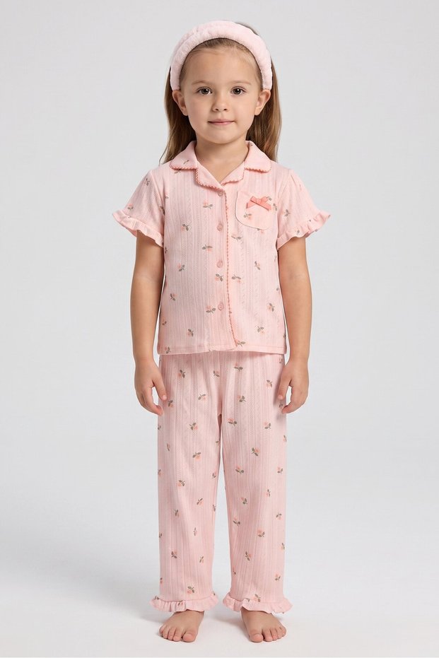 Toddlers Girl 3 Pcs Floral Print Pajama Top And Bottom With Headband Set, Peach