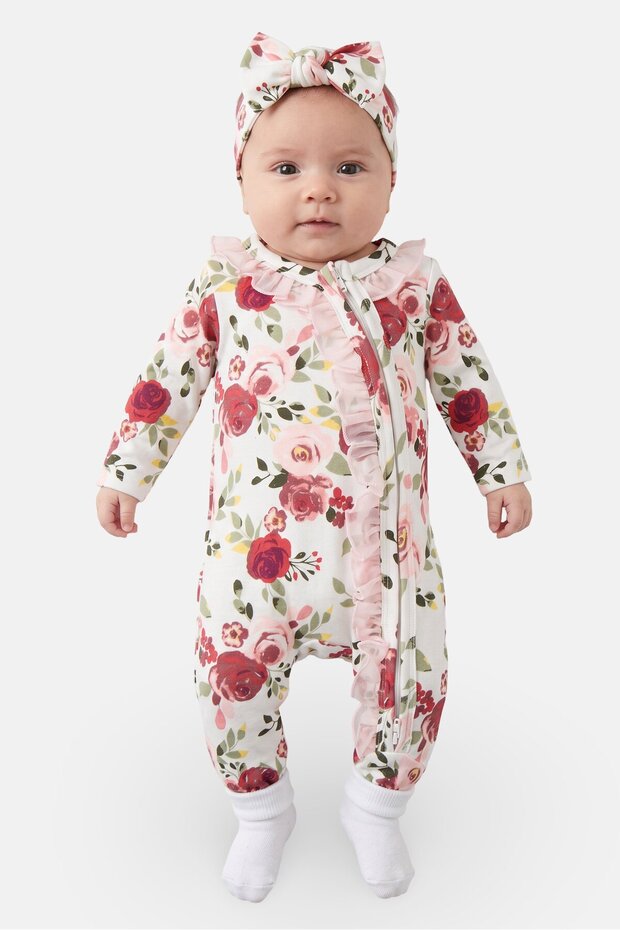 Toddlers Girl 2Pcs Floral Print Bodysuits With Headband, Multicolor