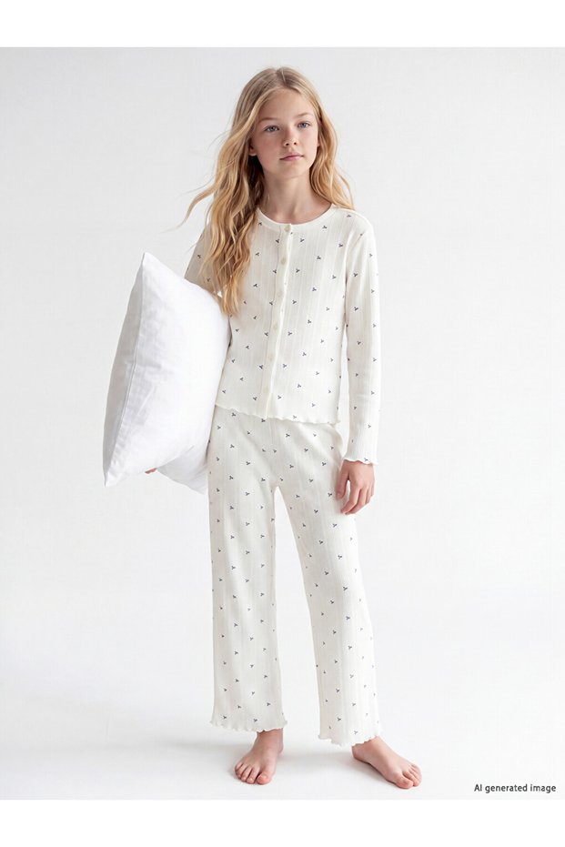 Özmarka New Season Ecru Crew Neck Girls' Pajama Set
