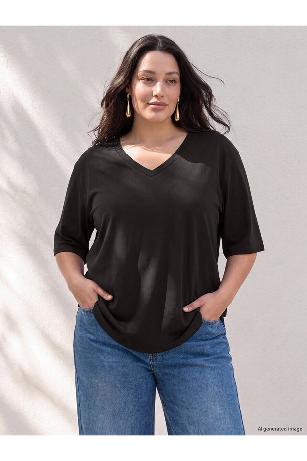 Two Mt Shop Quality Lcw Curve Black Plain Loose & Loose Long Sleeve Women's T-Shirt
