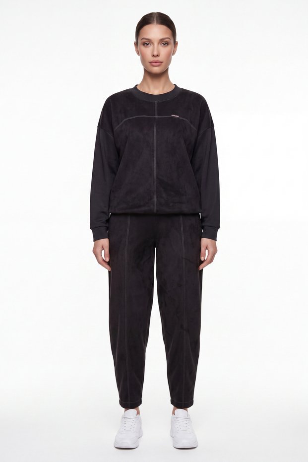 Women's Black Winter Round Neck Logo Detailed High Waist Suede Tracksuit Set