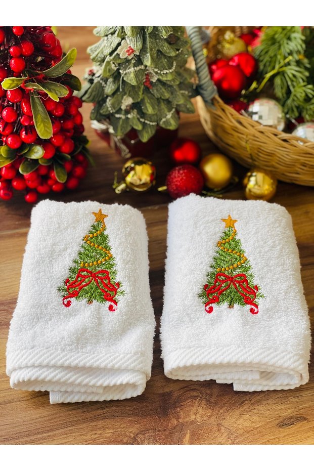 2-Piece White Cotton Embroidered New Year's Hand Towel Set 30*50cm