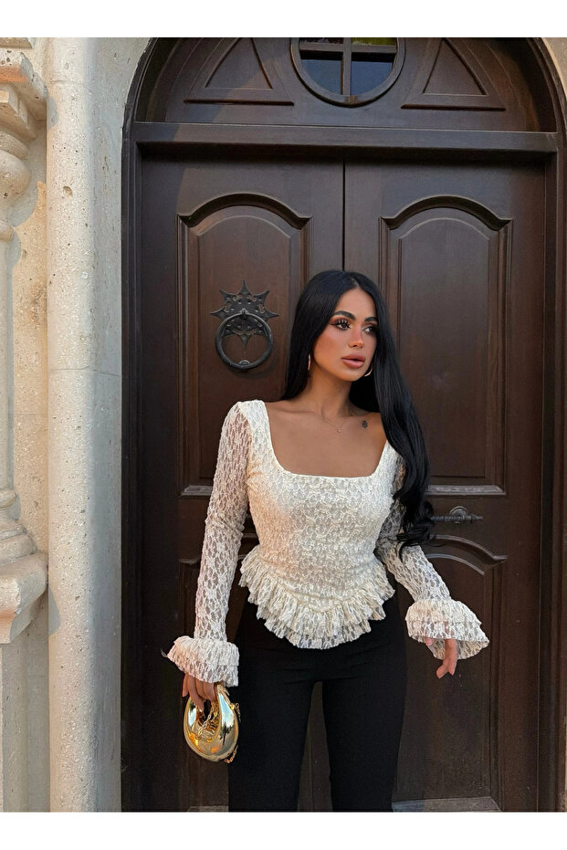 Ecru Square Neck Lace-Up Peplum Blouse