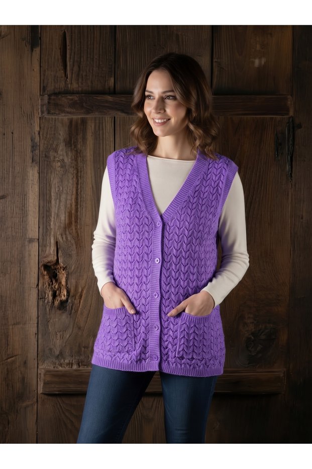 Mother's Vest Classic Patterned Knitted Wool Cotton Blend Vest with Pockets
