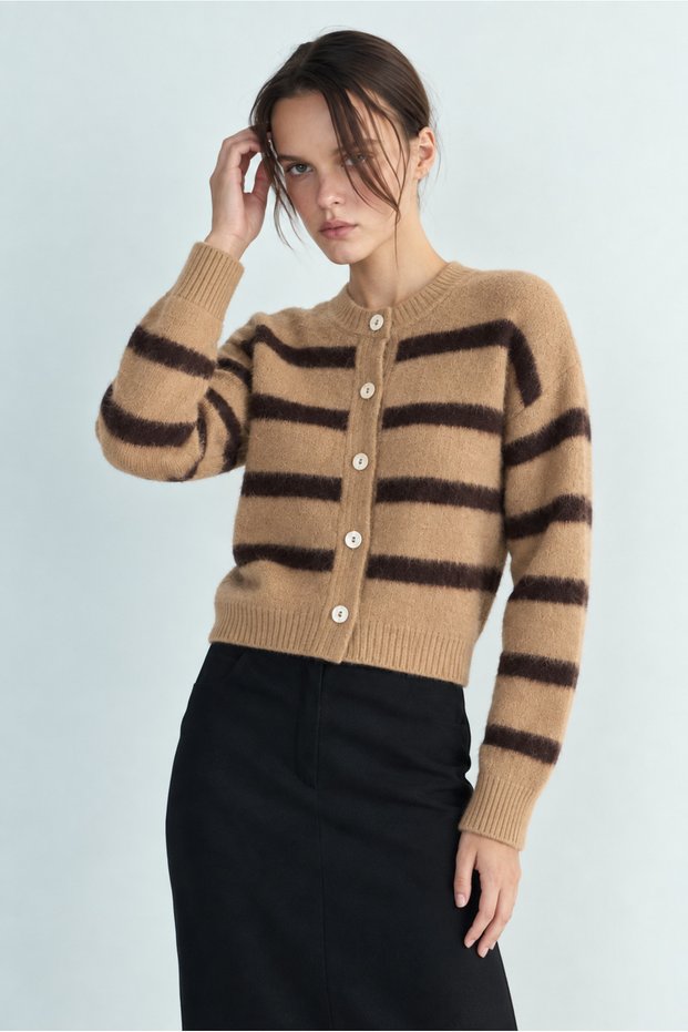 Women's Camel Brown Striped Ultra Soft Cardigan