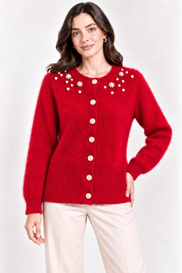 Women's Pearl Detailed 7-Button Crew Neck Feathered Knitwear Jacket