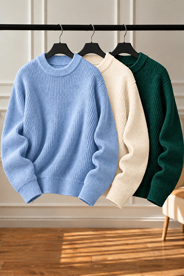 Women's 3-Piece Crew Neck Oversize Knitwear Sweater Soft Knitted Sweater