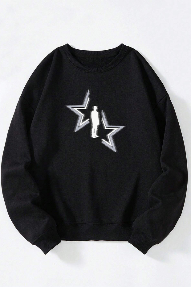 Star Man Front Printed Black Crew Neck Sweatshirt