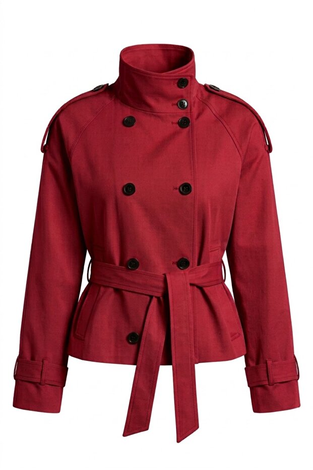 Short Trench Coat Jacket with High Collar, Epaulet Detail, and Belt