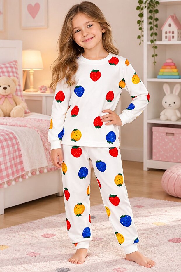 Girl's 100% Cotton White Strawberry Patterned Long Sleeve Pajama Set