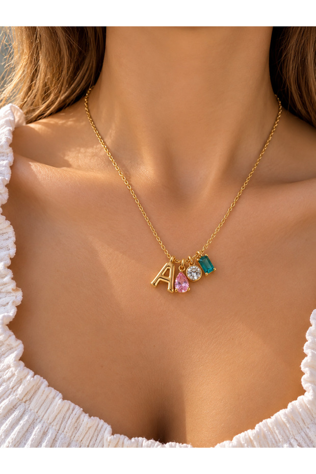 Letter a Colored Stone Detailed Necklace | Gold Color Elegant Letter Necklace | Stylish and Eye-Catching