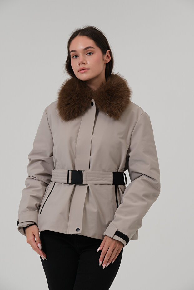 Women's coat removable fur belted women's coat