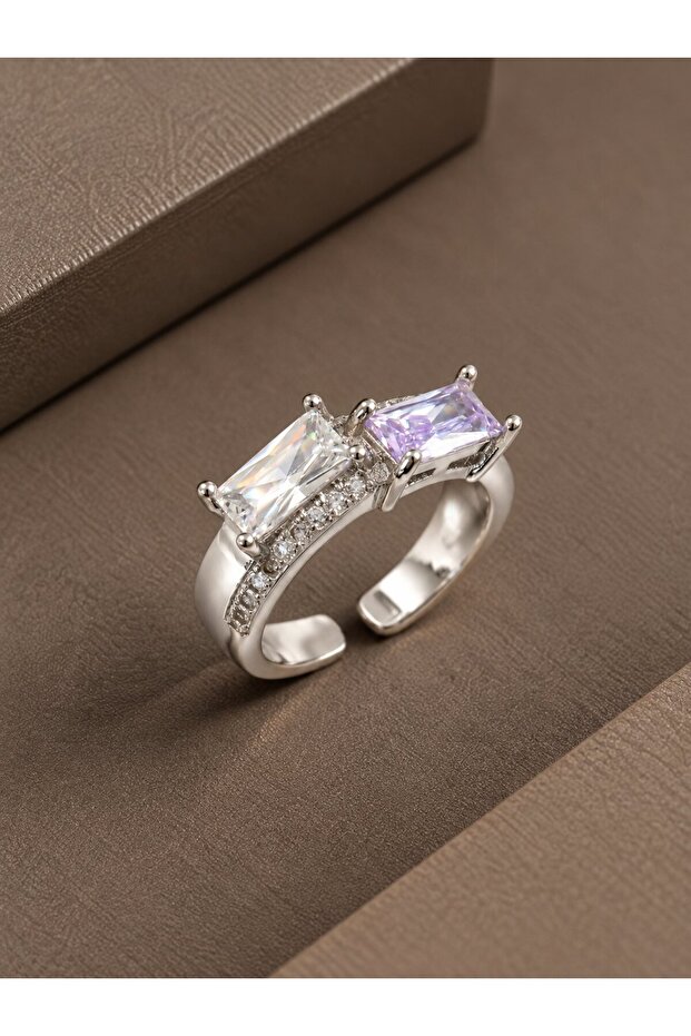 Brass Zircon Stone Rectangular Model Silver Color Women's Ring
