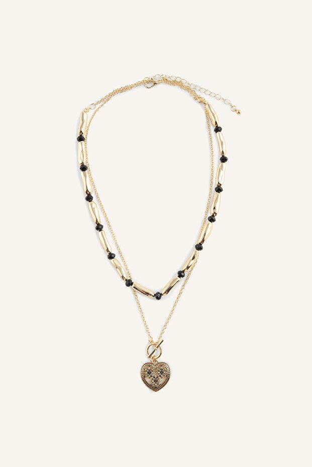 Women's 2-Piece Necklace with Heart Pendant and Bead Detail I7162Axns