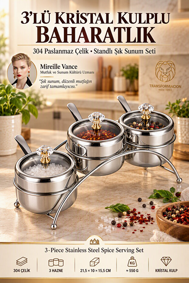 Silver 3-Piece Seasoning Shaker and Salt Shaker Set with Stand, Stylish Luxury Sauce Bowl Set with Crystal Handles, 18/10 Stainless Steel 723753