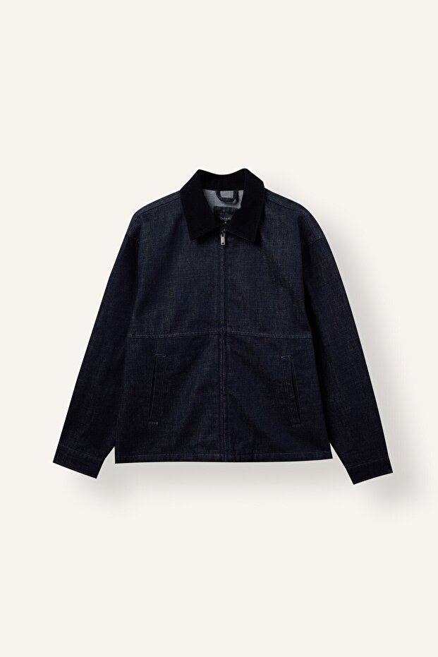 Regular Fit Zippered Contrast Collar Cotton Jean Jacket I5351Ax26Au
