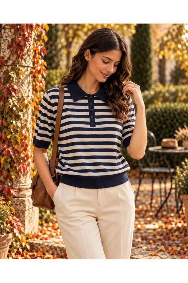 Women's Striped Polo Collar Button Detailed Half Sleeve Mercerized Knitwear Blouse