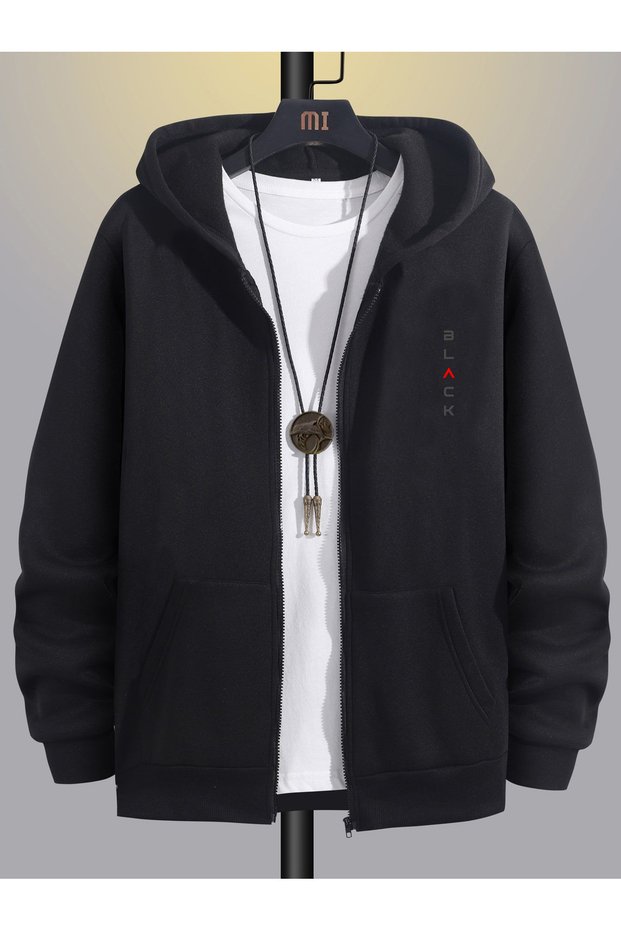 Men's Black Hooded Zip-Up Oversized Brushed Inside Printed Sweatshirt Winter School Cardigan