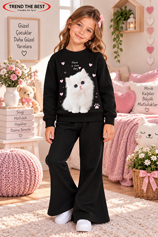 Winter, Spring, and Autumn Girls' Black Spanish Flared Bottoms and Black Sweat Top