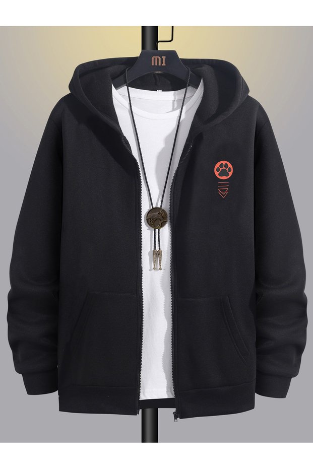 Men's Black Hooded Zippered Oversized Sweatshirt Jacket Cardigan