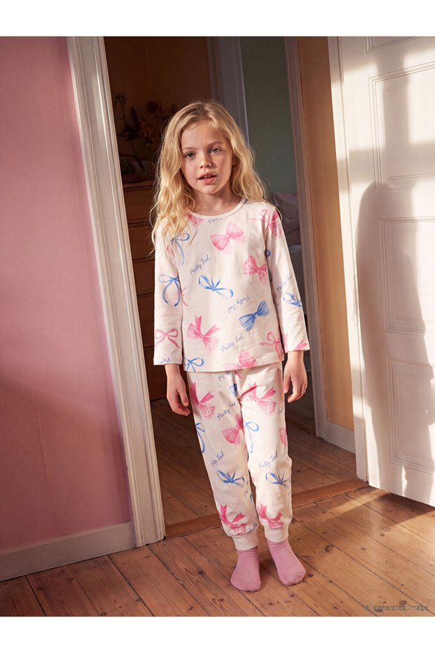Vizyon New Season Ecru Crew Neck Printed Girls' Pajama Set