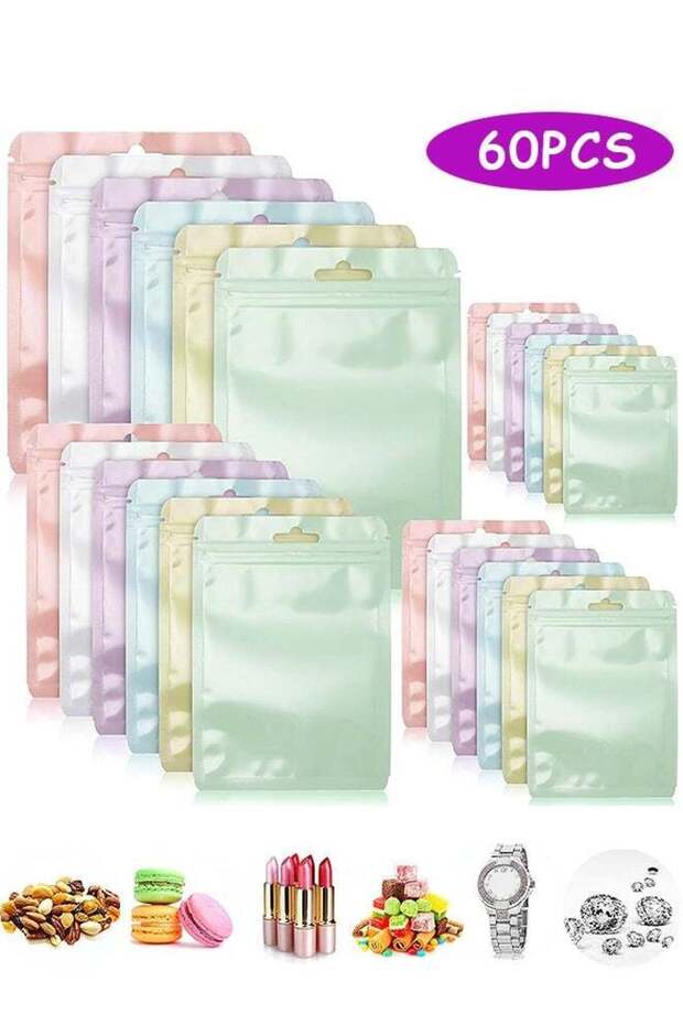 60 Pcs Reusable Food Storage Bags with Clear Window, Cute Plastic Pouch for Food Storage Party Favo