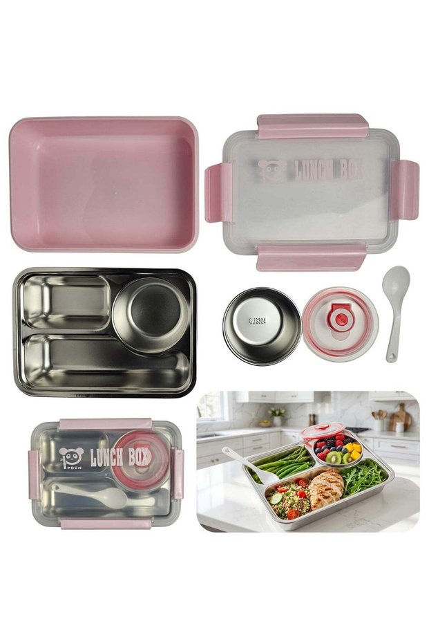 SOBHYS Stainless Steel Lunch Box with Removable Inner Tray, Sauce Container, Spoon, Silicone Seal,