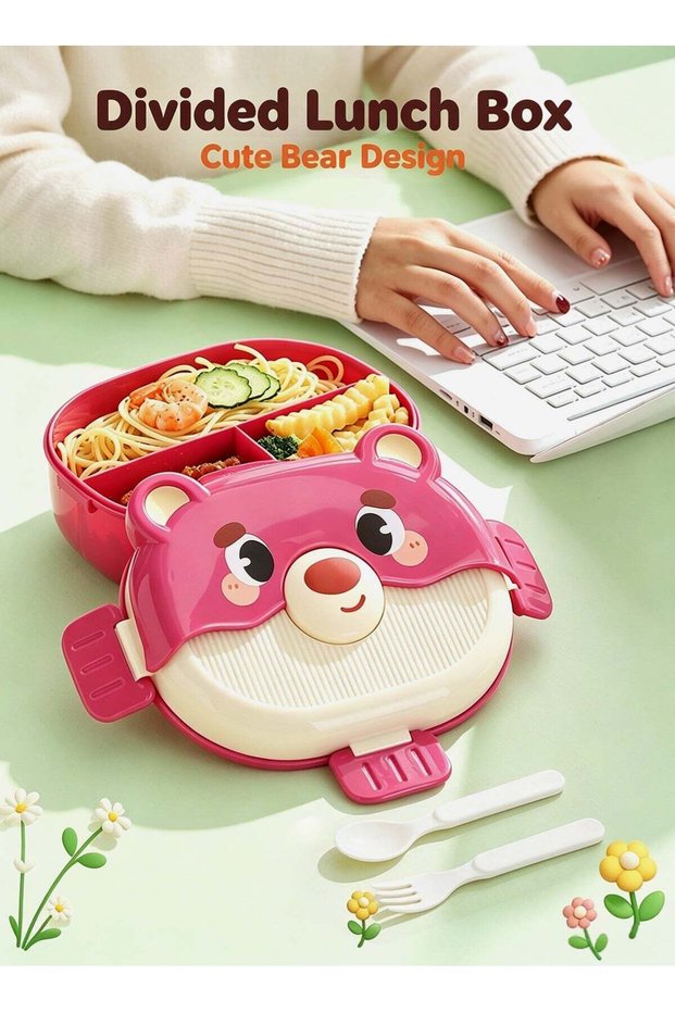 Cute Cartoon Animal Kids Bento Box, 3 Compartments Lunch Container with Spoon and Fork, Portable Lu