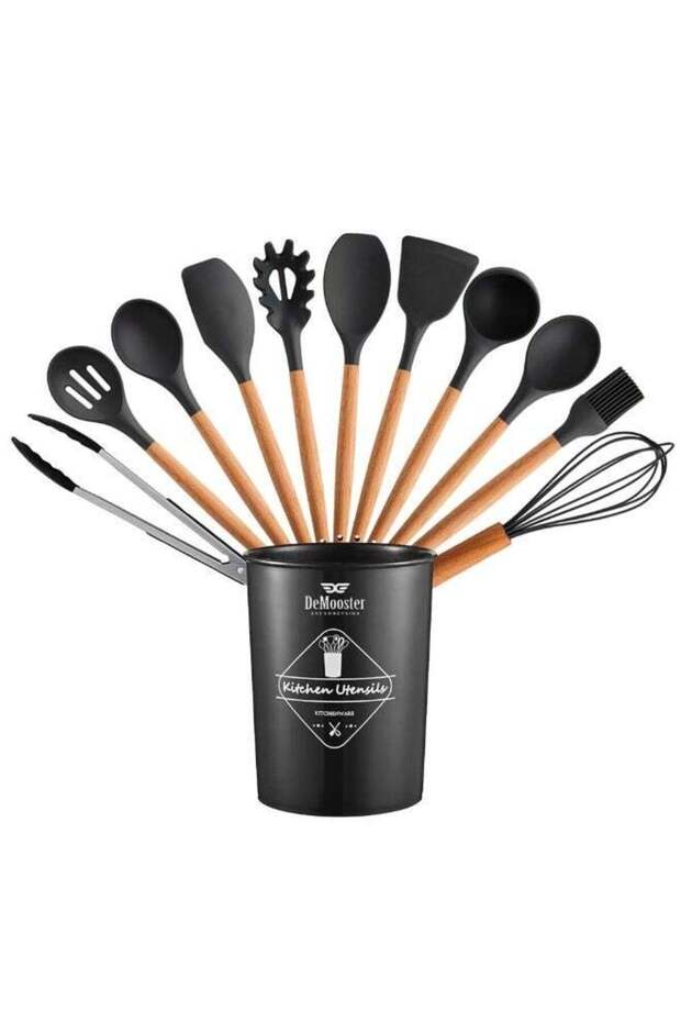 Utensil Set (12 Pieces) for Kitchen with Holder Non-Stick Cooking Silicone Utensil Set with Wooden