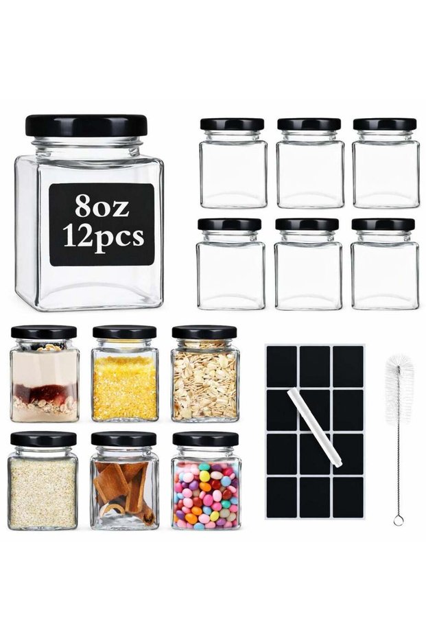 12 Pack 8oz Square Glass Jars with Airtight Black Lids, Labels & Cleaning Brush, Small Mason Jars f