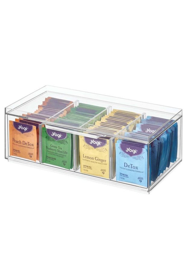 iDesign Crisp Tea Storage Organizer Clear 4 Compartment Acrylic Tea Bag Holder with Lid 12.5 x 6.25