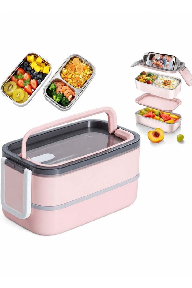 Lunch Box Set, 2 Layer Bento Lunch Box Stainless Steel Food Container with Handle and Cutlery Stora