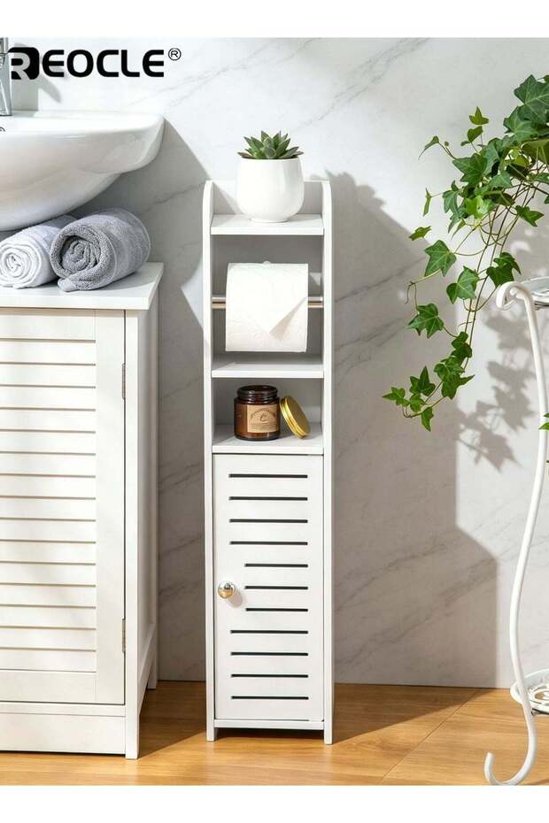 Toilet Paper Holder Stand with Storage Cabinet Design and Space Saving Feature Bathroom Organizer w