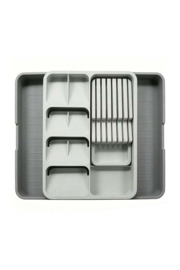 Expandable Kitchen Drawer Organizer, Gray Cutlery Tray, Adjustable Utensil Storage with Multiple Co