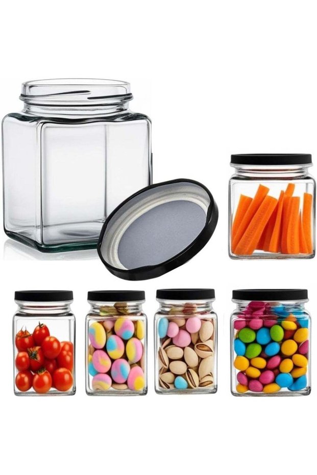 Square Glass Storage Jars with Black Airtight Lids, (Pack of 6) Kitchen Food Storage Containers 9oz