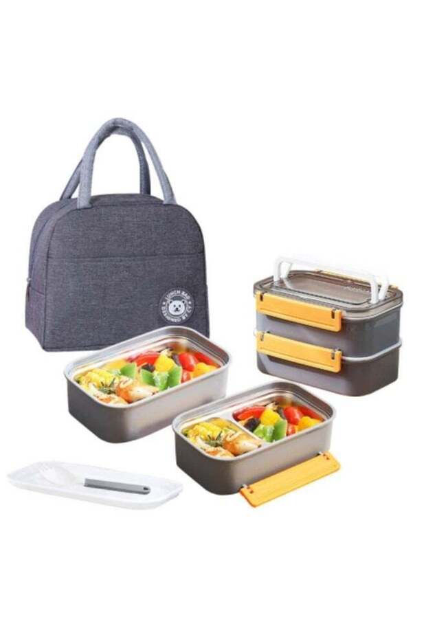 Stainless Steel Lunch Box Double-Layer Insulated Bento Box with Compartments and Tableware 1.6L Gre