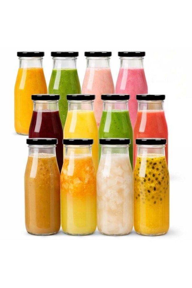 Glass Milk Bottles with Black Lids (Pack of 12), Reusable Glass Drinking Containers for Milk, 250ml