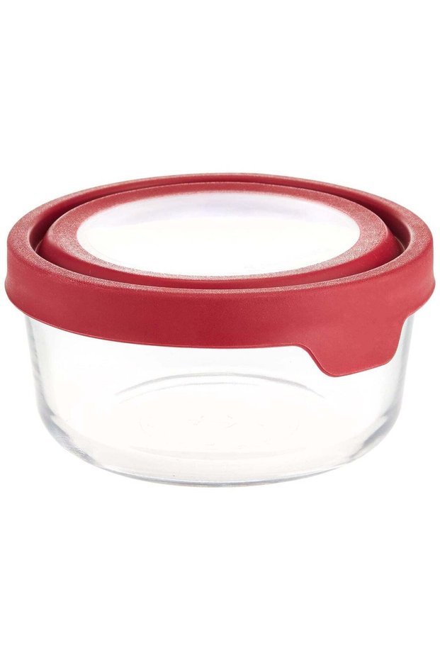 Anchor Hocking TrueSeal 946ml / 4 Cup Round Glass Food Storage Container with Cherry Red Airtight L