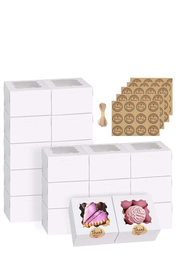 60pcs Small Cookie Boxes with Window,,4x4x2.5inches Thick Bakery Boxes with Stickers Dessert & Coo