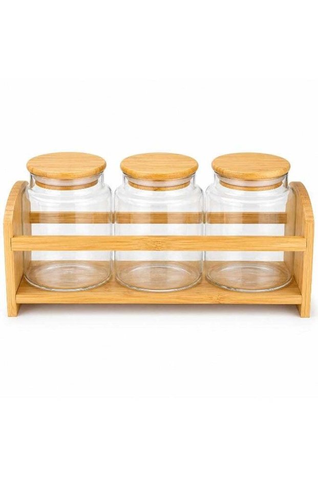 Honey Bee Spice Rack Set with 3 Glass Jars and Bamboo Stand Small - Kitchen Spice Organizer Rack wi