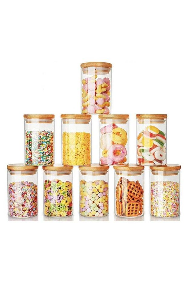 10-Piece Borosilicate Glass Storage Jars With Bamboo Lids Clear 290ml