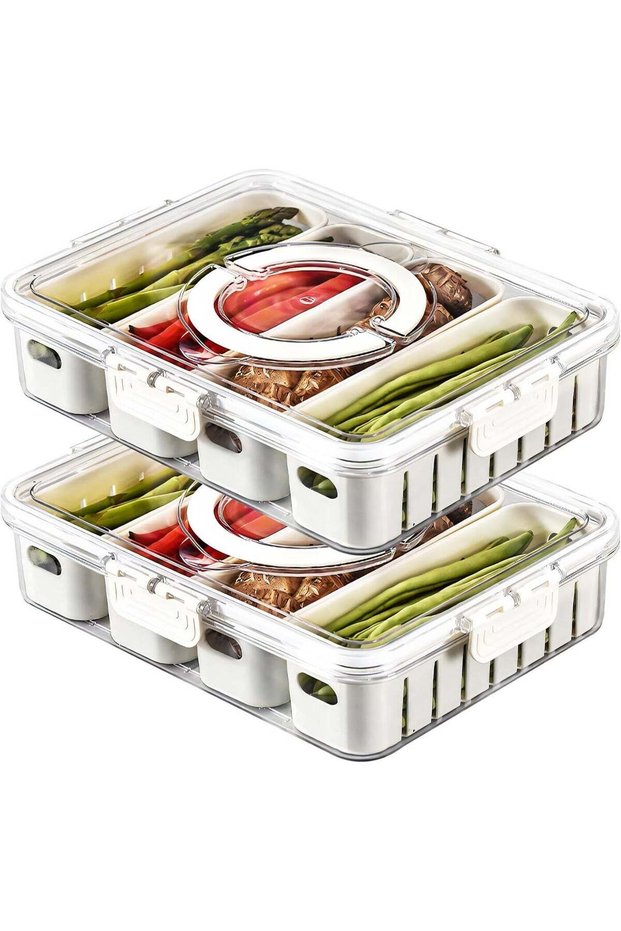 2Pack Divided Snackle Box with Lids Stackable Food Serving Tray for Fruit&Veggie Plastic Fridge Sto