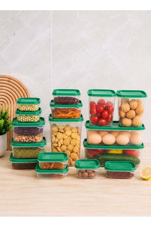 This 17-piece food storage container set features clear plastic storage boxes with green sealing li