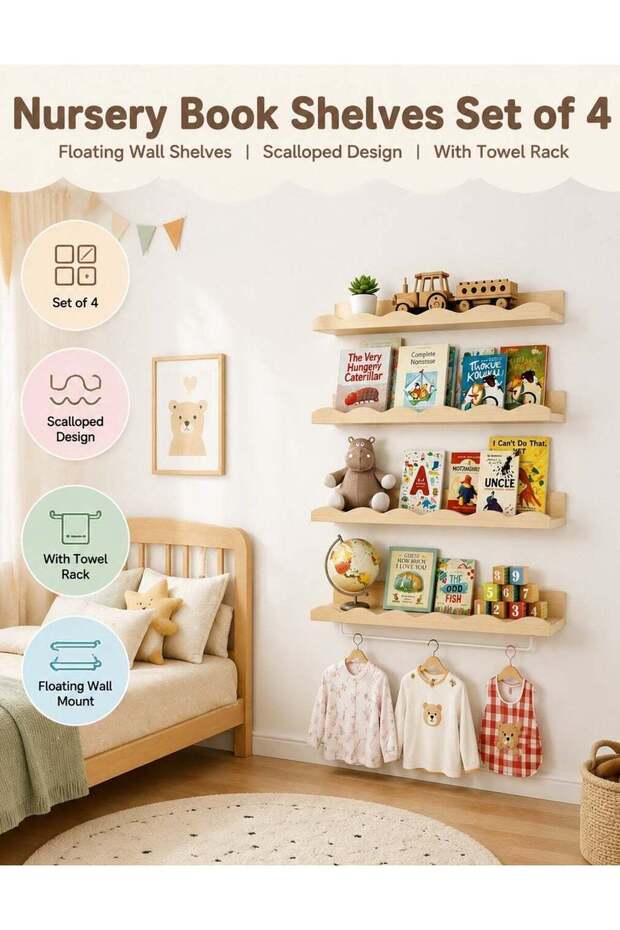 Nursery Book Shelves, 16.5 Inch Floating Bookshelves for Wall Set of 4, Scalloped Wall Book Shelves